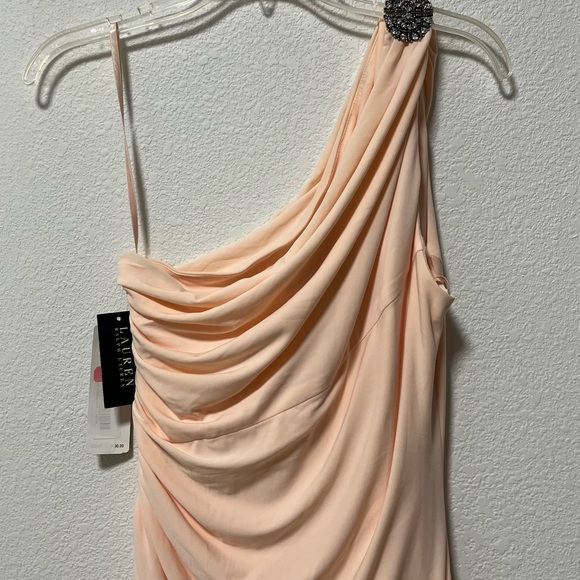 Lauren Ralph Lauren Floor Length One Shoulder Silhouette Peach Evening Dress - Picture 3 of 15
